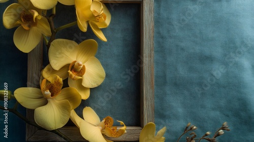 Close-up of delicate yellow orchids against a textured blue background.