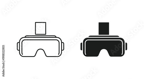 A minimalist illustration depicts two versions of virtual reality headsets in black and white high quality professional detailed