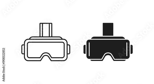 A black and white illustration depicts two virtual reality headset icons one outlined and one solid high quality