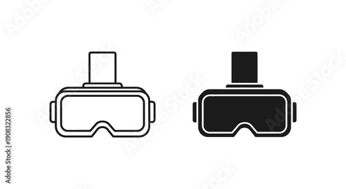 A black and white illustration depicts two virtual reality headsets one outlined and one filled high quality professional