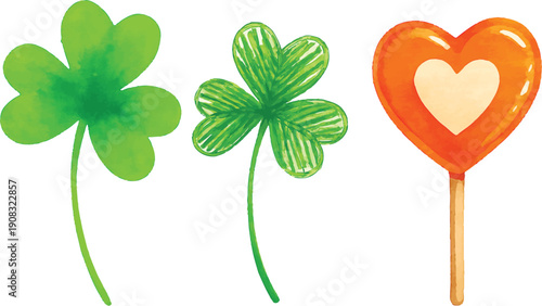 A green four leaf clover vector illustration symbolizes luck and natural growth for a St Patrick's Day design featuring a sprout leaf and heart shape