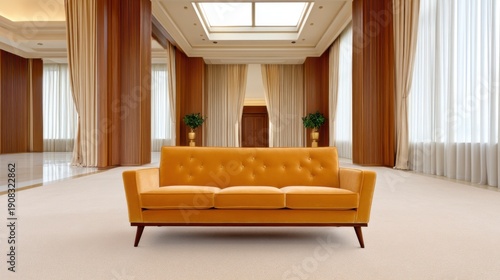 70s style room, centered velvet sofa, floor and walls covered in beige carpet, soft diffused light, muffled quiet