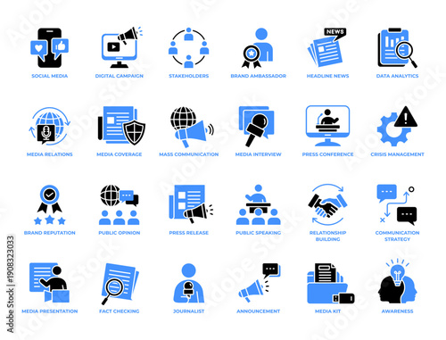Public Relations and Media Relations Icon Set pack vector illustration