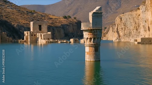 Wallpaper Mural Ancient stone tower and buildings partially submerged in a vast, calm blue lake surrounded by rugged, arid mountains. Torontodigital.ca
