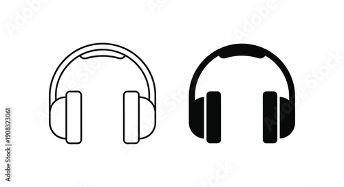 A minimalistic depiction showcases two variations of over ear headphones one outlined and one solid high quality professional detailed