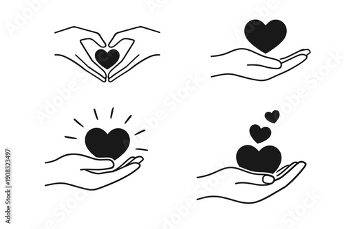 Minimal line hands holding heart icons in four variations, including heart-in-palms and floating hearts. Concept of love, charity, support, donation and helping hands. Charity theme.