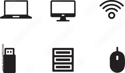 A collection of black silhouette icons depicts computer hardware and wireless connectivity elements high quality professional detailed