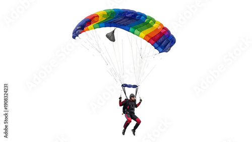 Parachutist Descending with Rainbow Colored Parachute.