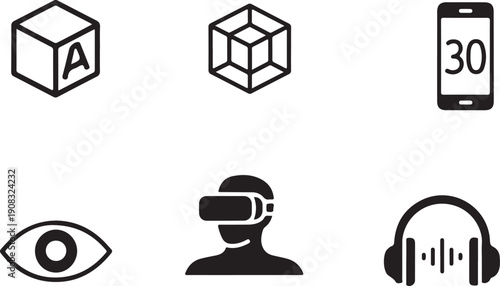 A collection of black and white icons depicting virtual reality technology and human perception high quality professional