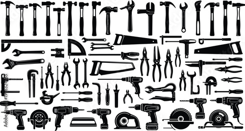 Comprehensive Hand and Power Tools Silhouette Vector Set Including Hammers, Wrenches, Saws and Drills Isolated on White Background for Construction Design