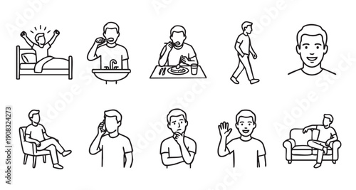 Collection of simple line icons depicting a man performing daily routine activities