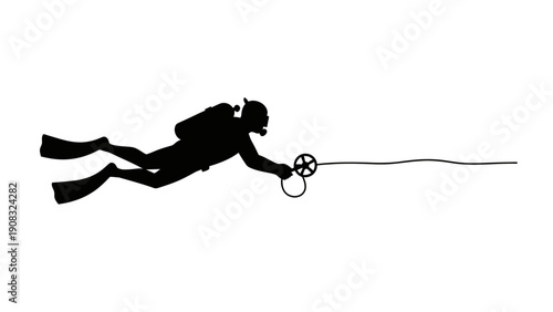 Scuba Diver Holding Rope Underwater Silhouette.