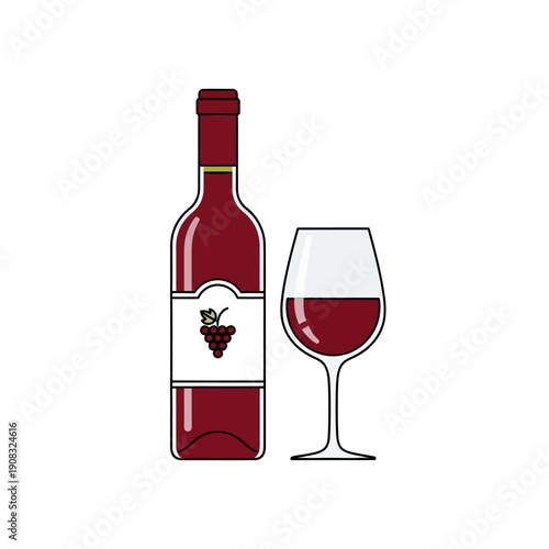 Red Wine Bottle and Glass with Grape Icon on Label - Flat Design