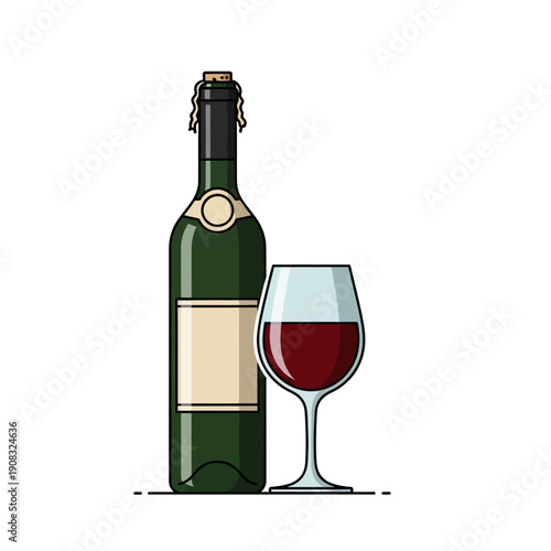 Green Wine Bottle and Red Wine Glass Illustration