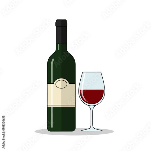 Flat Design Red Wine Bottle and Glass Illustration