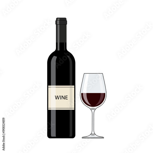 Red Wine Bottle and Glass Isolated - Vector Illustration