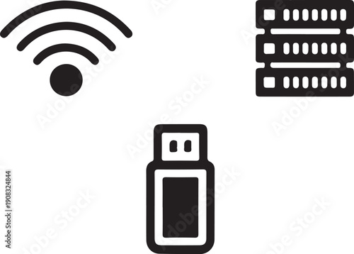 A minimalistic depiction of wifi signal server rack and usb drive icons in black on white