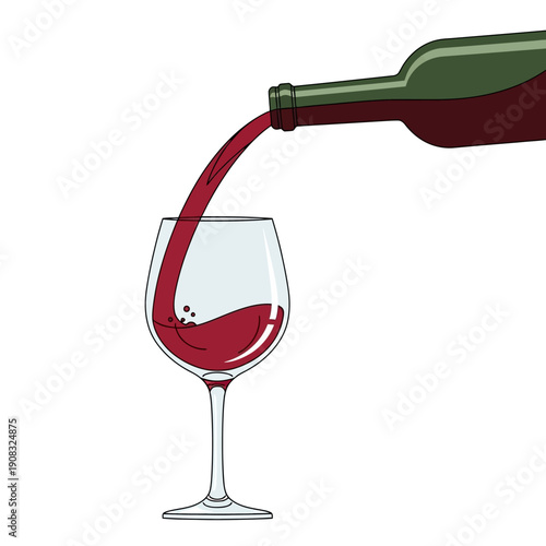Red Wine Pouring From Bottle Into Glass, Isolated Vector Illustration
