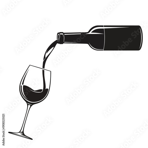 Black and white illustration of red wine being poured from bottle into glass