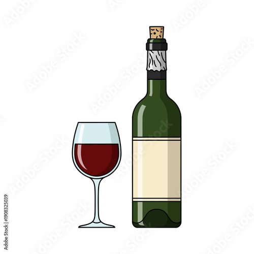 Red Wine Bottle and Glass - Simple Illustration