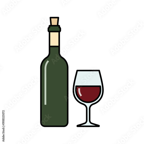 Flat design illustration of a green wine bottle and a glass of red wine