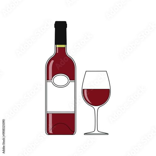 Red Wine Bottle and Glass Icon, Simple Flat Design, Isolated on White Background