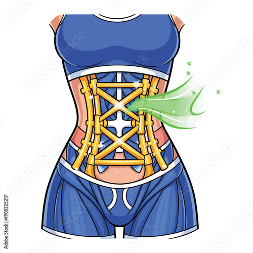 Waist Trainer Corset Illustration for Slimming and Core Support. Vector Graphic of Abdominal Muscles and Golden Body Contouring Structure.