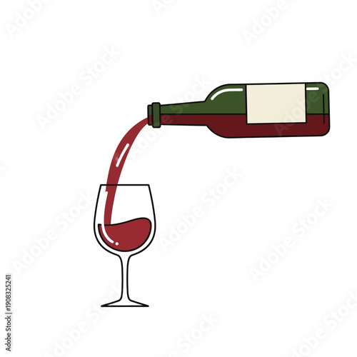Red wine pouring from bottle into glass, simple flat illustration