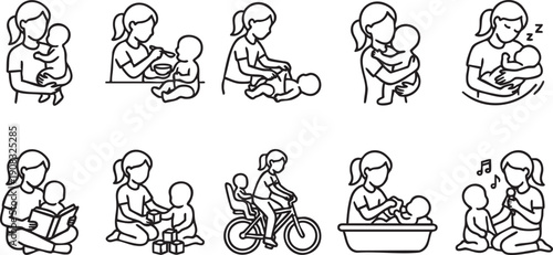 Collection of simple line art icons illustrating various mother and baby care activities