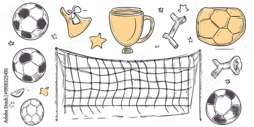 Hand drawn doodle soccer elements set with footballs, goal net, trophy cup, whistle, and sports accessories in sketch style vector illustration for sports design
