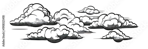 Set of black and white hand drawn vintage clouds collection with shading in flat minimalist vector style for weather or sky design elements illustration
