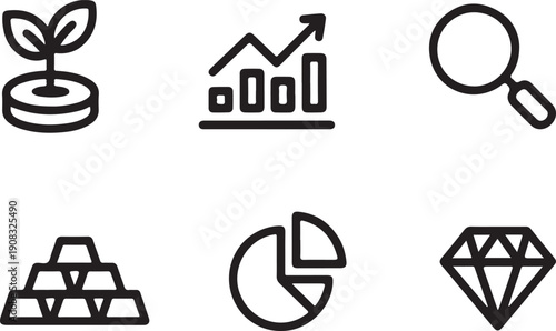 A collection of black line icons representing growth finance analysis and valuable assets high quality professional detailed