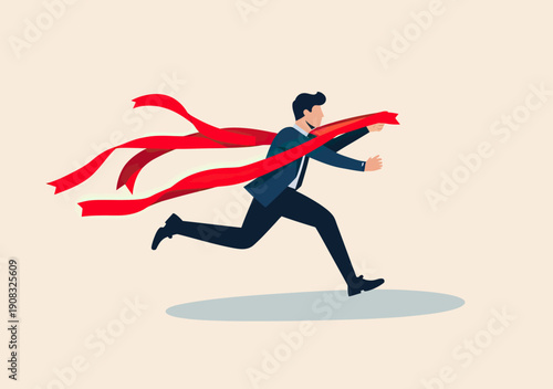 Businessman running forward constrained by flowing red tape ribbons representing career obstacles and professional challenges in minimalist vector style