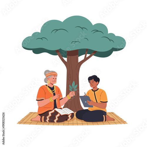 Elderly woman and young man discussing plants under a large tree
