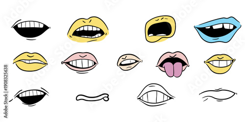 Set of cartoon smiling, sad, open, tongue out, and closed mouth doodle illustrations with hand drawn minimalist style and colorful accents on white background