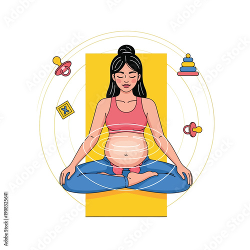 Peaceful Prenatal Meditation and Yoga. Expecting Mother Sitting in Lotus Pose, Practicing Mindfulness and Wellness for a Healthy Pregnancy. Vector Illustration.