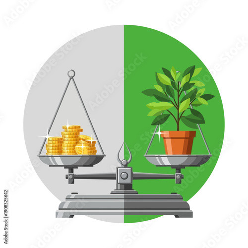 Balance scale with coins on one side and a potted plant on the other