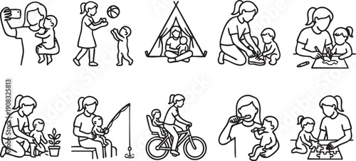 Collection of simple line icons depicting diverse mother and child daily activities together