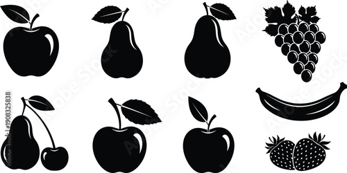 Fruit Silhouette Vector Set Including Apple, Pear, Grapes, Banana, Cherry and Strawberry Isolated on White Background for Food Design