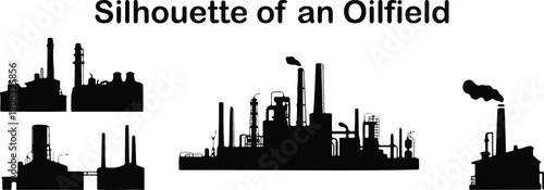 Multiple distinct black silhouettes depicting various oilfield and refinery scenes on white