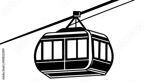 Minimalist black and white silhouette of a cable car gondola suspended from two horizontal cables, featuring clean geometric lines and visible window frames in a high-contrast vector style on a solid 