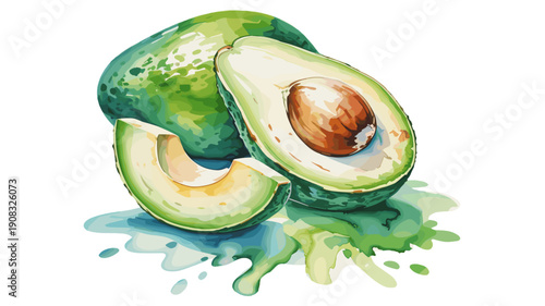 Fresh avocado painted in watercolor with sliced halves and juice splash illustration