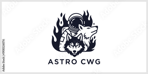 Astronaut Helmet with Wolves and Flames Monochrome Logo Design