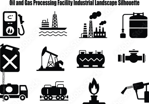 Collection of black silhouettes representing essential oil and gas processing facilities and equipment