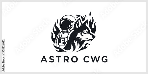 Astronaut and Wolf Head Logo with Flames - Cosmic Explorer and Wild Spirit Emblem