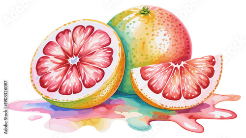 grapefruit painted in watercolor with sliced halves illustration