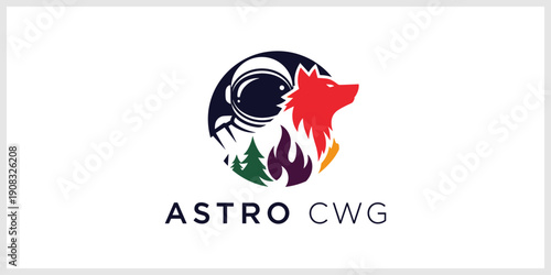 Astro CWG Logo Design Featuring Astronaut Wolf Forest and Flames in Circle