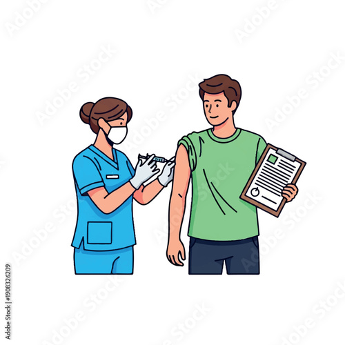 A healthcare worker in blue scrubs and a face mask administers a vaccination to a man in a green shirt, who holds a clipboard, against a plain white background.