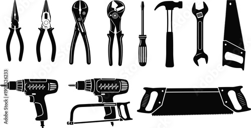 Hand Tools Silhouette Vector Set Including Pliers, Screwdriver, Hammer, Wrench, Saw and Drill Isolated on White Background for Construction and Repair Design