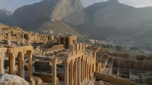 Ancient ruins of Palmyra, Syria, showcasing Roman architecture and historical significance against a mountainous backdrop.